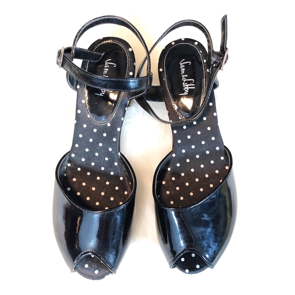 Sam & Libby Black Polka Dot Wedge Cork Sandals - Picture 1 of 6
